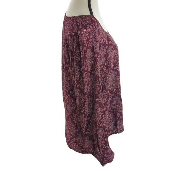 LOFT Burgundy Floral Print Blouse Womens Size S Long Sleeve Square Neck - Picture 4 of 7